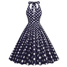 Load image into Gallery viewer, Vintage High Waist Turn-down Collar Polka Dot Holiday Banquet Halter Neck Backless Sexy Big Flare Midi Dress
