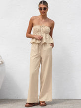 Charger l&#39;image dans la galerie, Cotton Linen Khaki Strapless Top+Wide Leg Pants Two Piece Set
