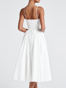 V Neck Spaghetti Backless Flare Midi Dress