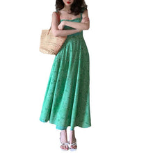 Load image into Gallery viewer, Green Slim French Style Square Neck Jacquard Floral Slip Midi Dress
