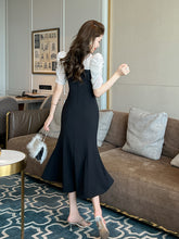 Load image into Gallery viewer, French Style Contrast Stand Tie Collar Puff Sleeve Ruffle High Waist Slim Mermaid Dress
