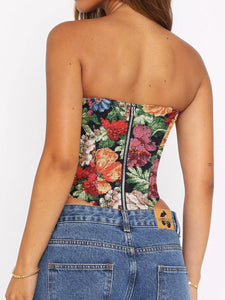 Asymmetrical Strapless Tied Printed Boning Corset Crop Top