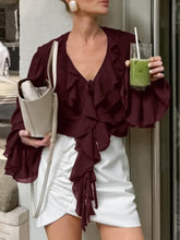 Load image into Gallery viewer, Frilled V Neck Bow Tie Blouse
