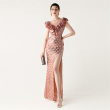 Load image into Gallery viewer, Scale Sequin Frilled Shoulder Sleeve Mermaid Evening Dress
