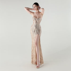 Boning Strapless Sweetheart Neck Sequin Evening Dress