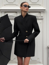 Load image into Gallery viewer, Black Two Button Diagonal Placket V Neck Blazer Dress
