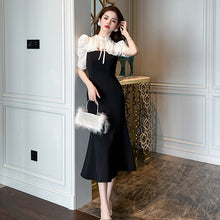 Load image into Gallery viewer, French Style Contrast Stand Tie Collar Puff Sleeve Ruffle High Waist Slim Mermaid Dress
