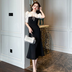 French Style Contrast Stand Tie Collar Puff Sleeve Ruffle High Waist Slim Mermaid Dress