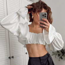 Load image into Gallery viewer, White Imitated Acetate Square Neck Satin Frill Sleeve Crop Blouse
