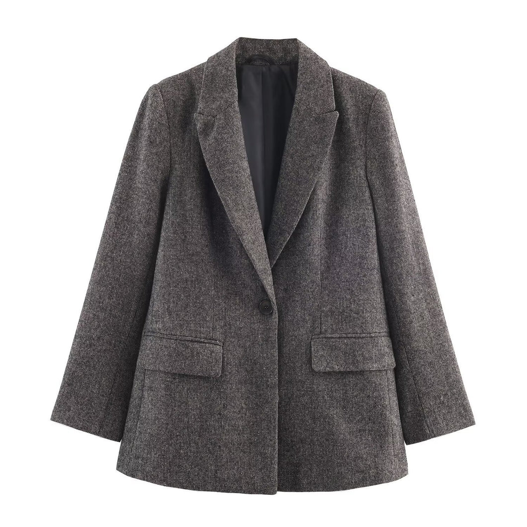 Pocketed Single Breast Herringbone Blazer