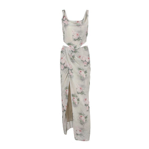 Chiffon Printed Spaghetti Crop Top+Long Slit Skirt Two Piece Set