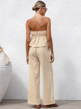 Charger l&#39;image dans la galerie, Cotton Linen Khaki Strapless Top+Wide Leg Pants Two Piece Set
