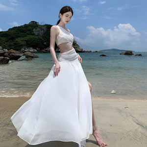 White Holiday Dress One Shoulder Cutout Waist Maxi Flare Fairy Dress