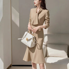 Load image into Gallery viewer, OL Tie Collar Long Sleeve Slim Mermaid Midi Dress
