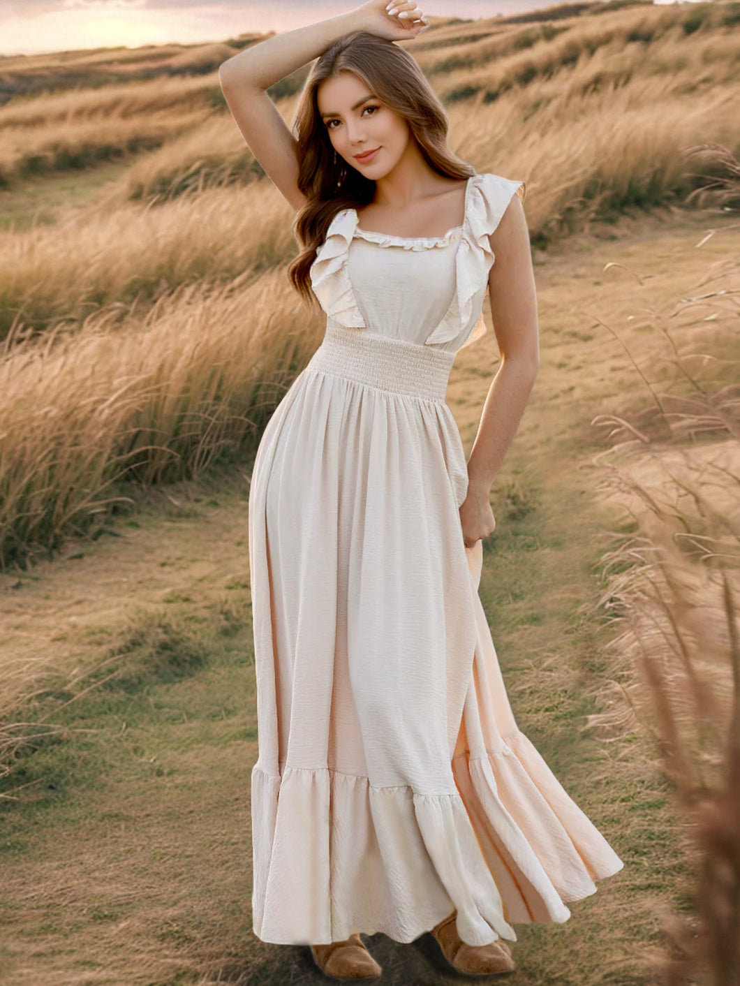 Off Shoulder Smocking Ruffle Maxi Dress
