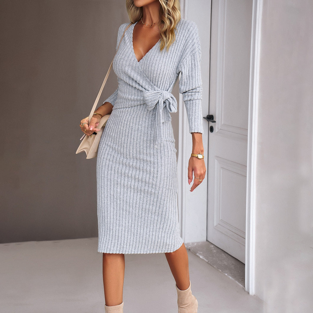 V Neck Long Sleeve Knit Tie Bow Midi Dress