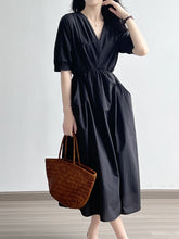 Load image into Gallery viewer, Vintage V Neck Ruched Midi Dress
