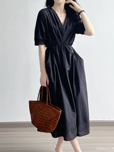 Vintage V Neck Ruched Midi Dress
