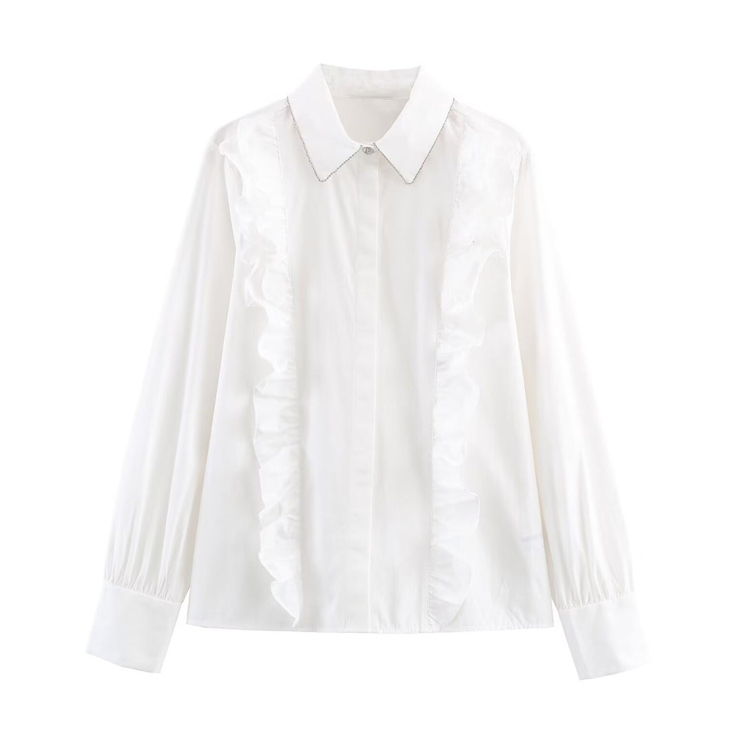 Turn-down Collar Beaded Frill Blouse
