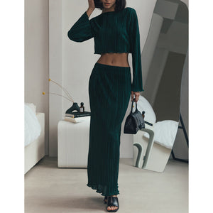 Pleated Flare Sleeve Crop Top + Pencil Skirt Two Piece Set