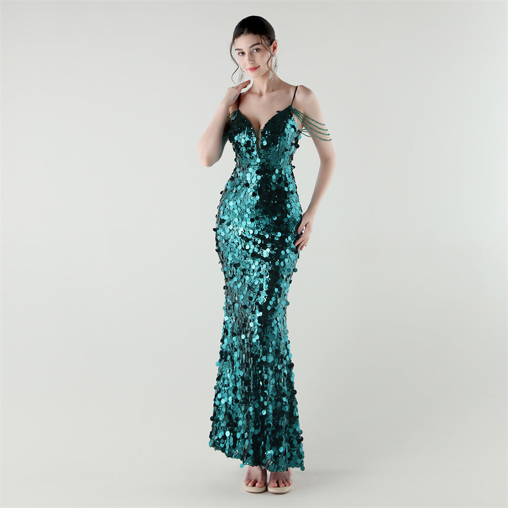 Draped Tassel Sequin Deep V Neck Backless Mermaid Evening Dress