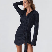 Load image into Gallery viewer, Vintage V Neck Long Sleeve Belted Stripe Wrap Tie Dress
