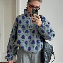 Laden Sie das Bild in den Galerie-Viewer, Purple Printed Faux Sherpa Oversized Polar Fleece Zip Collar Sweatshirt

