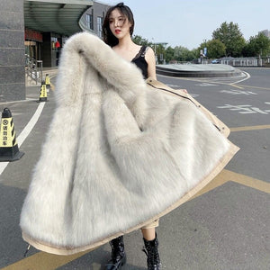 女性用厚手ミドル丈イミテーションファーパーカーコート