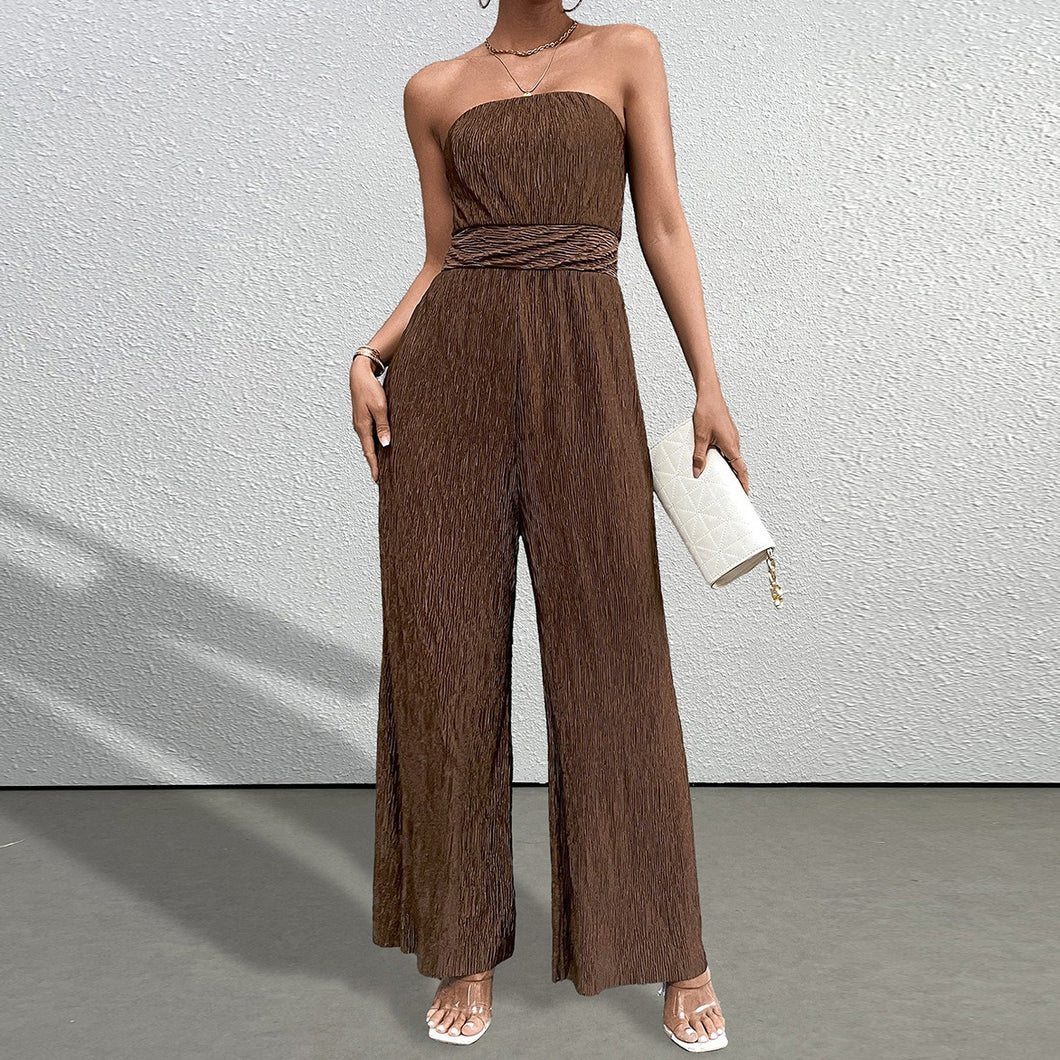 Strapless Textured Ruching Wide Leg Jumpsuit