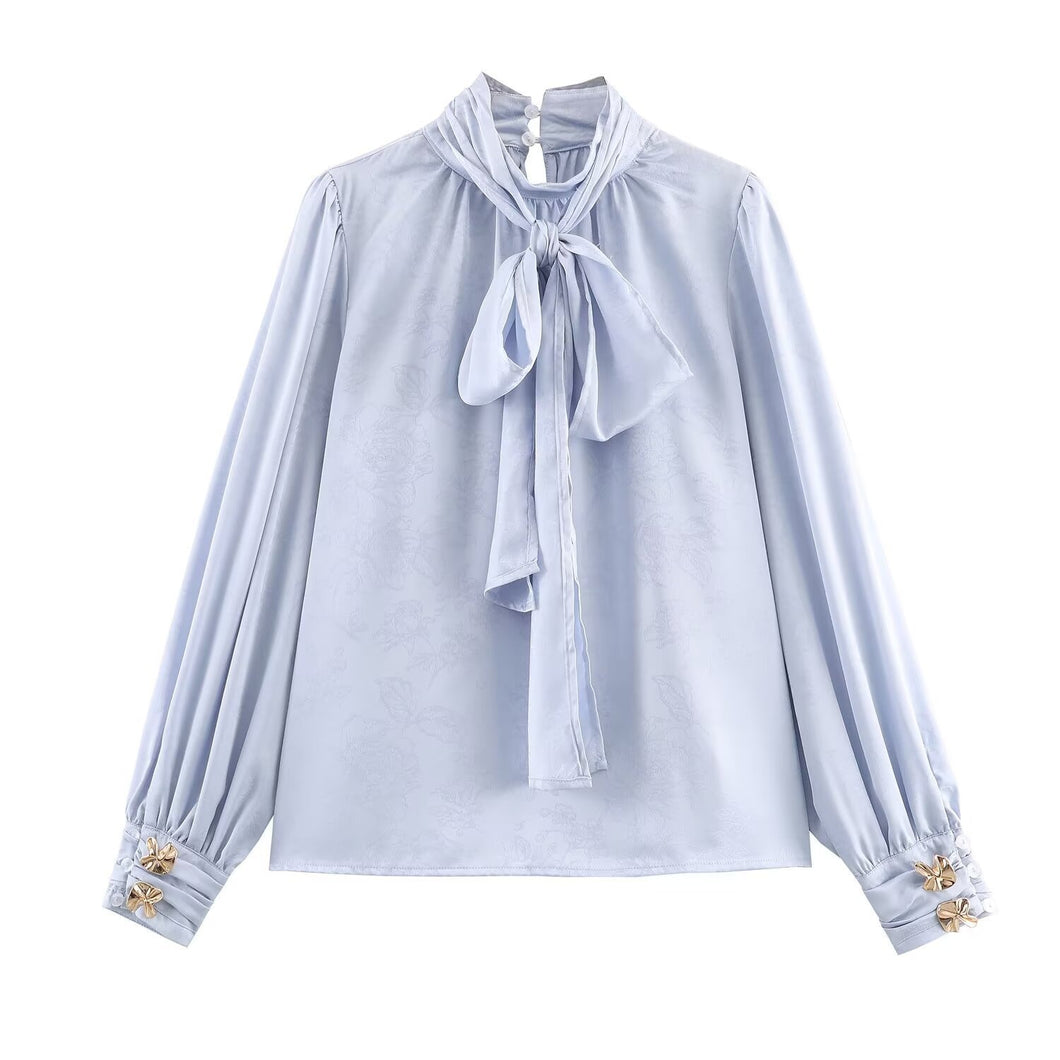 Jacquard Satin Silky Bow Tie Collar Blouse