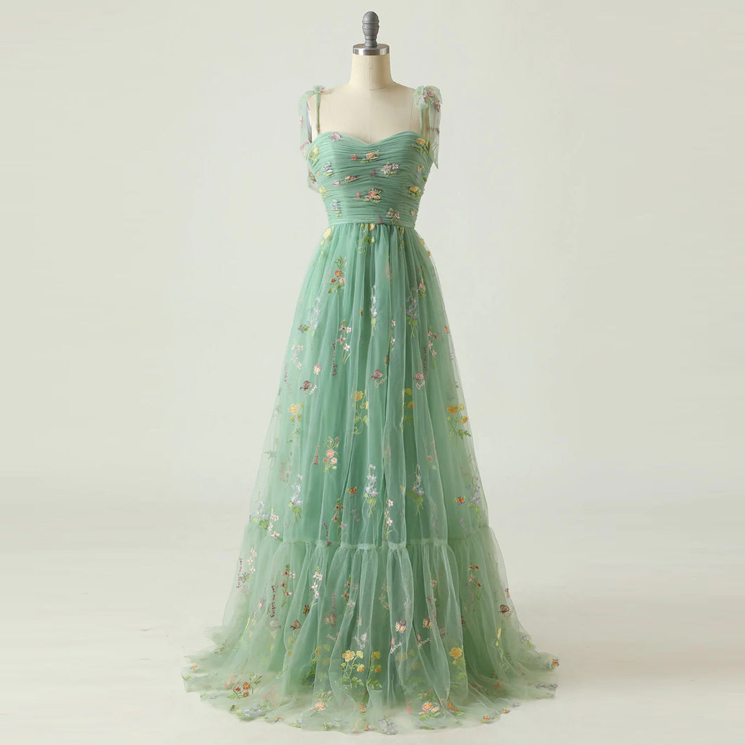 Elegant Tie Strap Colorful 3D Flower Embroidered Tulle Fairy Dress