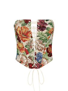 Asymmetrical Strapless Tied Printed Boning Corset Crop Top