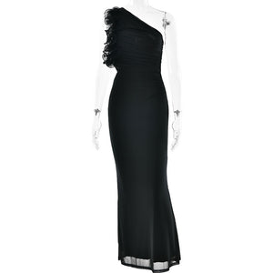 One Shoulder Flowered Maxi Sheath Dress