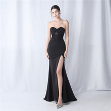Load image into Gallery viewer, Boning Satin Slim Waist Strapless Ruched Train Evening Dress

