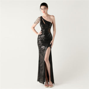 One Shoulder Cutout Slit Sequin Evening Dress