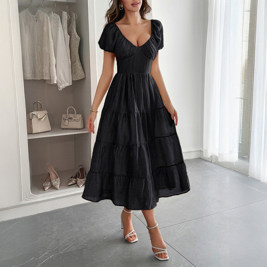 Short Puff Sleeve Tiered Midi Dress