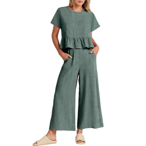 Solid Ruffle Top Wide Leg Ankle Length Pants Two Piece Set