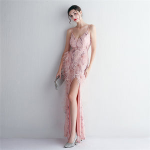 Positional Embroidery Sequin Beads Spaghetti Feather Long Slim Evening Dress