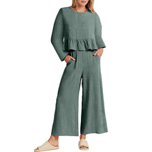 Load image into Gallery viewer, Solid Long Sleeve Ruffle Top Wide Leg Ankle Length Pants Two Piece Set
