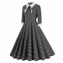Load image into Gallery viewer, Vintage England Style Plaid Contrast Shirt Collar Bow Tie Long Sleeve Flare Midi Dress
