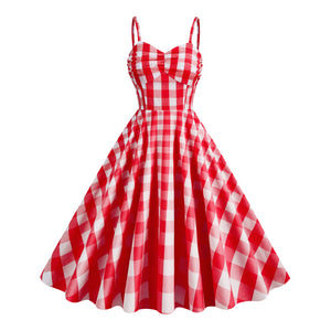 Cosplay Vintage Cotton Holiday Pink Plaid Stripe Spaghetti High Waist Flare Midi Dress