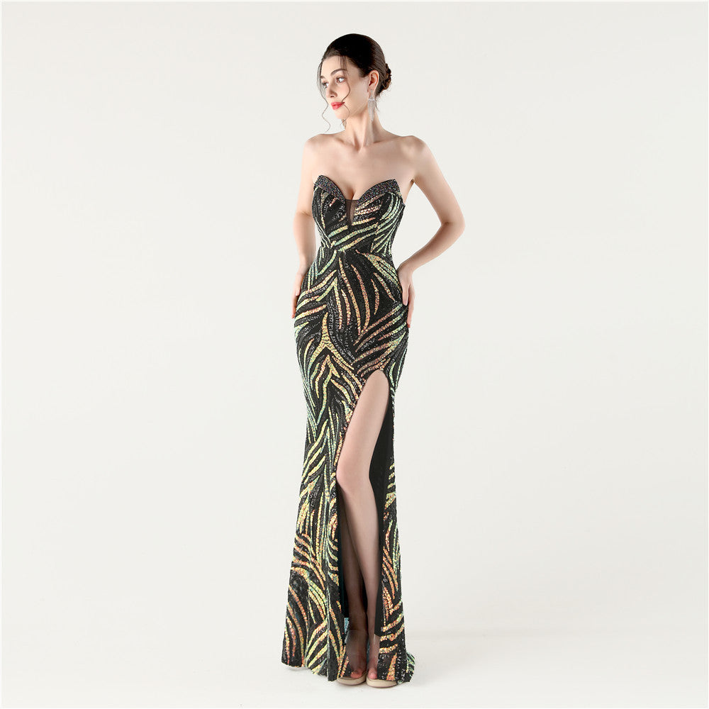 Slim Beaded Sequin Strapless Evening Dress