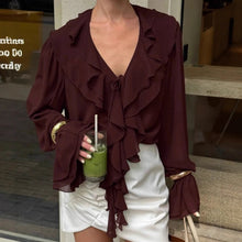 Load image into Gallery viewer, Frilled V Neck Bow Tie Blouse
