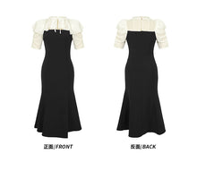 Load image into Gallery viewer, French Style Contrast Stand Tie Collar Puff Sleeve Ruffle High Waist Slim Mermaid Dress
