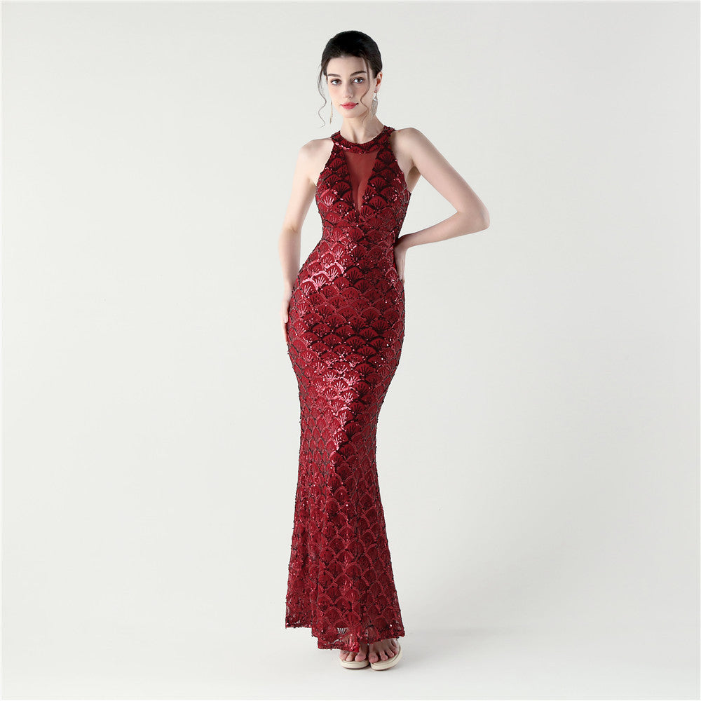 Halter Neck Sequin Evening Dress