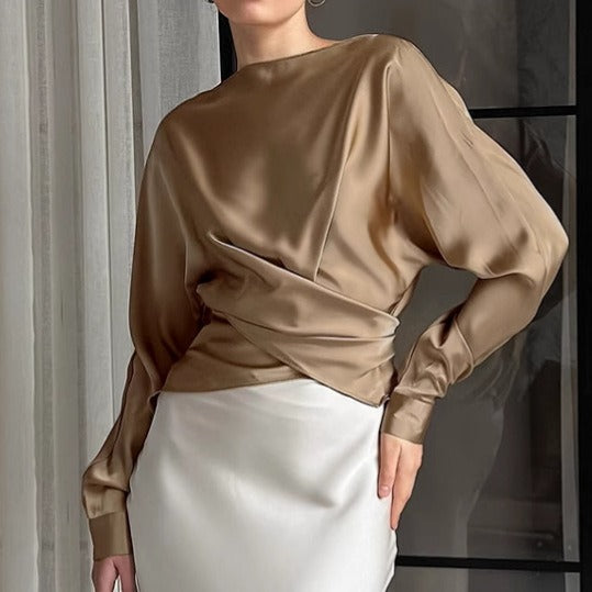 Satin Silky Irregular Ruched Blouse