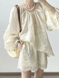 Embroidered Lace Blouse + Shorts Two Piece Set