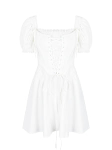 White Puff Short Sleeve Boning Top Dress Two Piece Set
