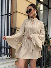 Cargar imagen en el visor de la galería, Stand Collar Tie Bow Long Sleeve Frilled Mini Dress

