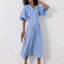 画像をギャラリービューアに読み込む, Relaxed-Fit Linen Cotton Puff Sleeve Midi Dress
